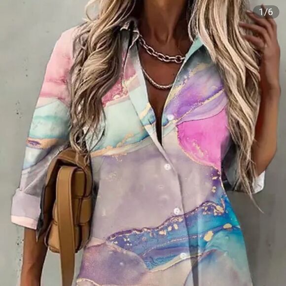 3-💼 Casual Marble Watercolor Print Long Sleeve Button Down Shirt. - Picture 5 of 9